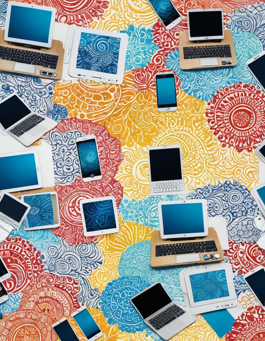 A dynamic collage showcasing modern communication technologies like smartphones, tablets, and computers, intertwined with iconic Indonesian elements to represent Kominfo's influence. Illustrate diverse people of different ages and backgrounds happily engaging through these devices, symbolizing empowerment and connectivity. Incorporate digital waves or light trails to depict data flow and innovation. Bright and inspiring color palette. super-realistic. vibrant colors. white background.