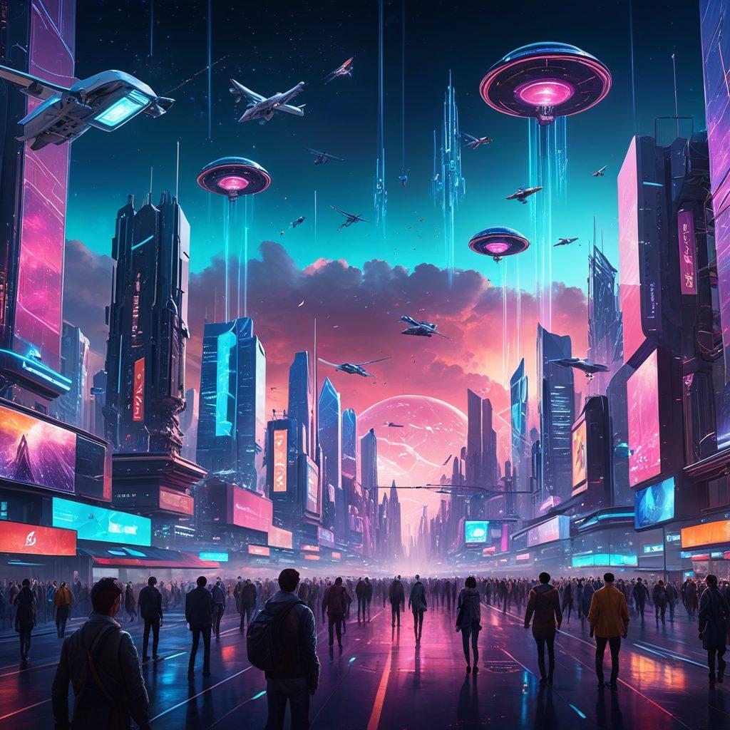 A futuristic cityscape featuring advanced communication technologies like holograms and digital interfaces, symbolizing innovation in digital communication. Include diverse people interacting with these technologies, showcasing collaboration and creativity. The sky glows with vibrant colors representing technological advancement. Elements such as satellites and drones can be seen in the background. cyberpunk. vibrant colors. 3D.