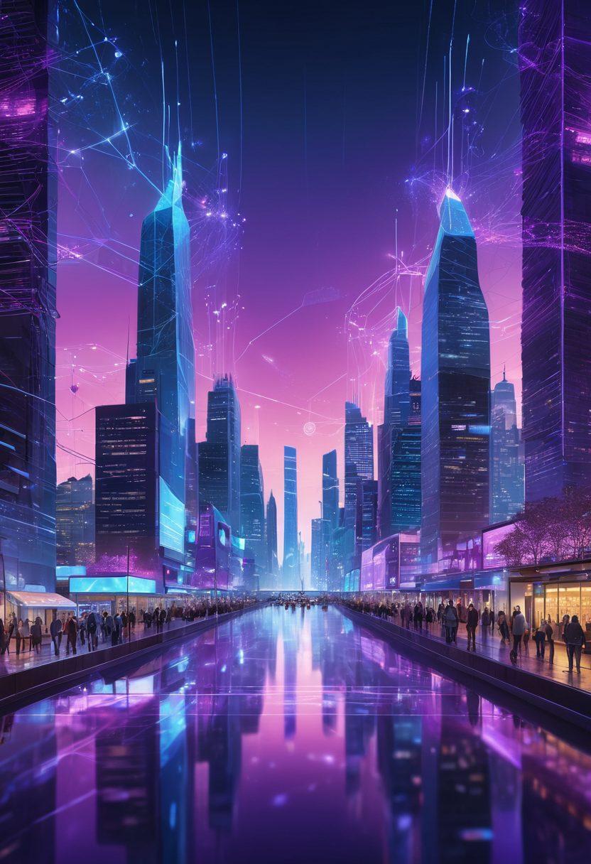 A futuristic cityscape representing the digital landscape, with glowing networks and communication towers symbolizing connectivity. Include diverse individuals engaged in conversations through digital devices, showcasing collaboration and innovation. The sky reflects a gradient of blue and purple, suggesting a tech-savvy world. Enhance the image with dynamic elements like data streams and holographic displays. super-realistic. vibrant colors. 3D.